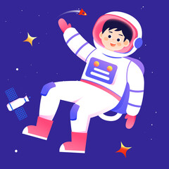 Astronaut in space suit working in space with universe and planet in background, moon day for man, world space day, vector illustration