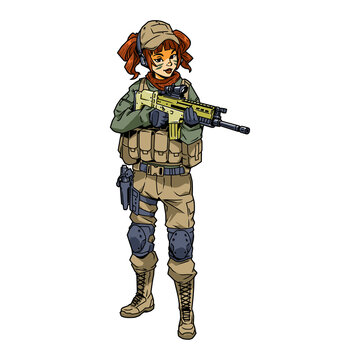 Military redhead girl with modern gun, vector, logo, cartoon, illustration,  mascot, character