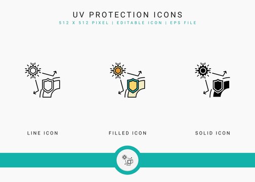UV protection icons set vector illustration with solid icon line style. Sunscreen shield concept. Editable stroke icon on isolated white background for web design, user interface, and mobile app