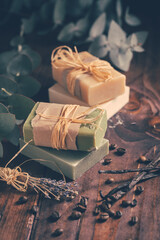 Natural organic soap bars with vanilla, coffee beans and eucalyptus