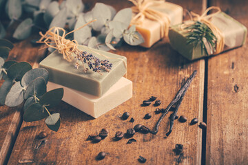 Natural organic soap bars with vanilla, coffee beans and eucalyptus