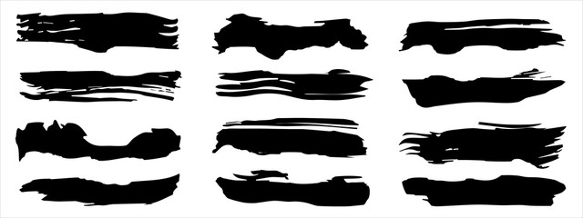 Vector collection of artistic grungy black paint hand made creative brush stroke set isolated on banner background. A group of abstract grunge sketches for design education or graphic art decoration