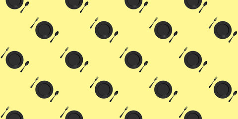 seamless pattern. kitchen utensils on a pastel yellow background. fork, spoon, plate. Template for surface application. Flat lay. Banner for insertion into site.Horizontal image