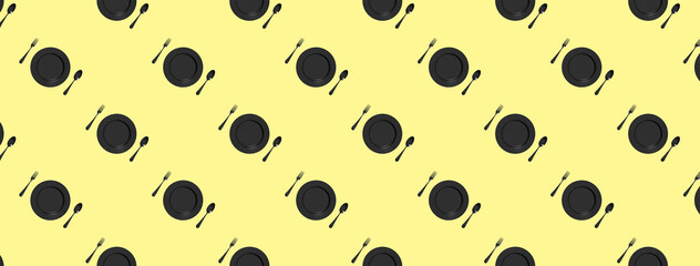 seamless pattern. kitchen utensils on a pastel yellow background. fork, spoon, plate. Template for surface application. Flat lay. Banner for insertion into site.Horizontal image