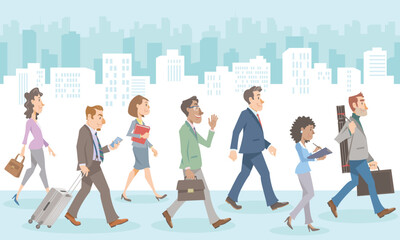 Business people walking on cityscape. Diverse office workers walking with smile on business district. Vector illustration in flat cartoon style.
