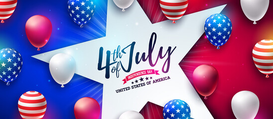 4th of July Independence Day of the USA Vector Illustration with American Flag Pattern Party Balloon and Star Shape on Blue and Red Background. Fourth of July National Celebration Design with