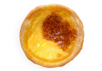 Closeup of Egg tart or portuguese egg tart. golden delicious new baked tart with egg on a white background with clipping path. - obrazy, fototapety, plakaty