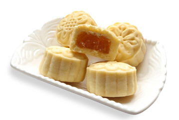 Close up of Pineapple cake or Tart Pastry, Delicious dessert Pineapple tart biscuits on a white background. selective focus, clipping path.
