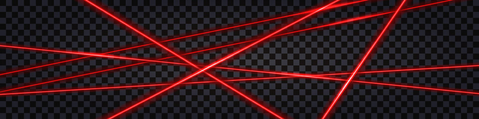 Red laser beams, glowing neon streak ray lines. Safety scanner grid, shiny electric energy light  effect, techno vector illustration. - obrazy, fototapety, plakaty