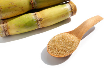 Brown sugar in wooden spoon with fresh sugarcane on a white background.
