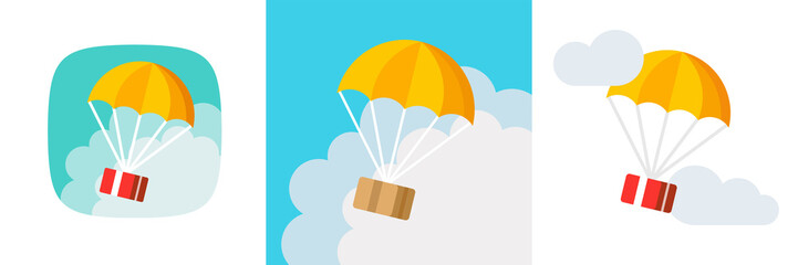 Parachute delivery gift box flying vector or fast international package parcel shipping by air mail postal flat, concept of online export service, humanitarian assist aid pack airdrop, shop courier