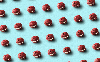pattern with red cakes, many cakes, cakes on a blue background, wupi pie