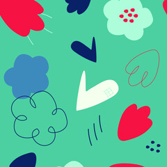 Blue flower, heart vector pattern. Blue and pink wrapping paper. Textile design. Gift card.