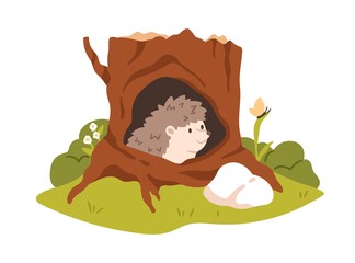 Hedgehog in hollow shelter in tree trunk. Forest animal peeking out of hole house in woods. Cute childish character inside cozy cave home. Flat vector illustration isolated on white background