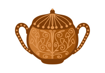 Sugar bowl, dishes for sugar, with a lid and handles, color drawing, on a transparent background