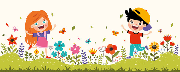 Obraz na płótnie Canvas Children Playing In Colorful Flowers