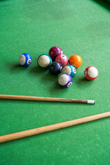 Billiards and pool cues on the pool table