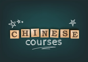 Chinese Courses. Language Courses Template Background. Chalkboard Desk With Wooden Letters Blocks. Vector Editable Illustration