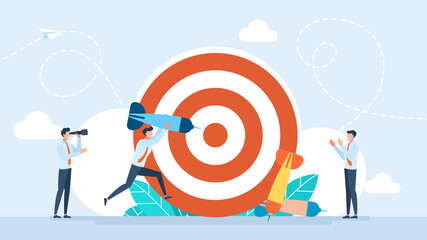 Businesspeople driving arrow to goal. Successful professional team hitting target. Metaphor winning, challenge, aim, achievement, teamwork, business, marketing concept. Flat illustration