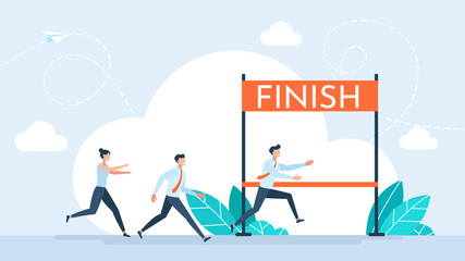 	
Running Man Crosses Finish Line. Business people run race crossing line ribbon. The team leader finish first. Achive Goal. Win Concept. Way to Victory. Leadership. Flat design. Business illustration