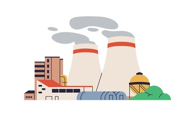 Nuclear power plant with towers, energy generators. Electric station building, powerhouse. Electricity generation industry. Flat vector illustration of abstract powerplant isolated on white background