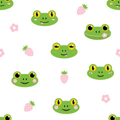 Obraz premium Cute cartoon style green frogs with flowers and strawberries vector seamless pattern background. 