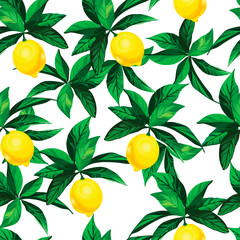 Lemon vector pattern. Summer seamless citrus print. Botanical summer illustration.