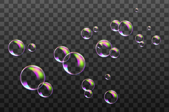 Set of transparent soap bubbles on checkered background.Reaistic colored balls.Vector texture.