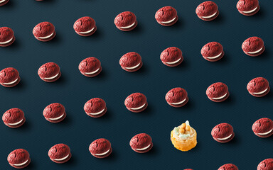 pattern with red cakes, many cakes, cakes on a dark blue background, wupi pie