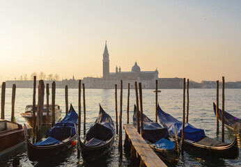 Gondolas at dawn, Venice, Italy