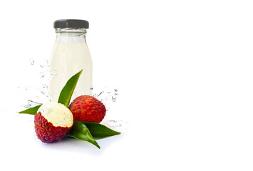 Fresh lychee and drink bottle with isolated on white background,Food and drink template