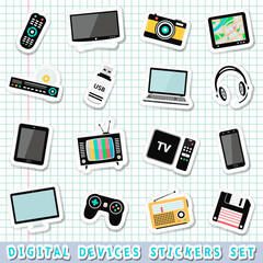 Digital device, tv and media stickers set - obrazy, fototapety, plakaty