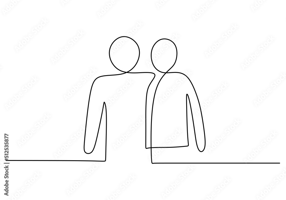 Poster one continuous single line of hand drawn with two friends hug isolated on white background for frien