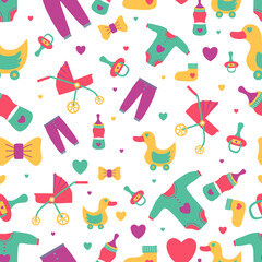 hand drawn seamless pattern of boy baby toys with dot, milk bottle, clothes, duck, tape, baby stroller and love symbol isolated on white background.