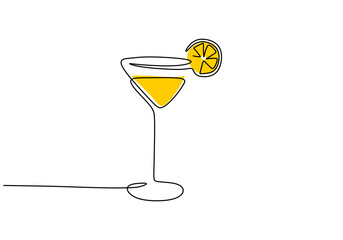 One continuous single line of hand drawn with Wineglass cocktail and yellow lemon isolated on white background.