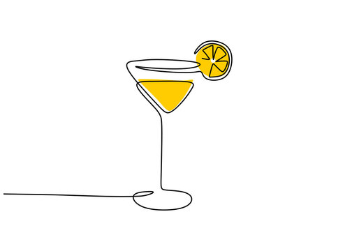 One continuous single line of hand drawn with Wineglass cocktail and yellow lemon isolated on white background.