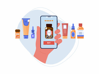 Buying medications with mobile app.Hand holds phone with online pharmacy store