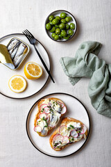 Grilled bread toast with mayonnaise, sardines, radish and marinated fennel. Tin of sardines, sardine toast and green olives