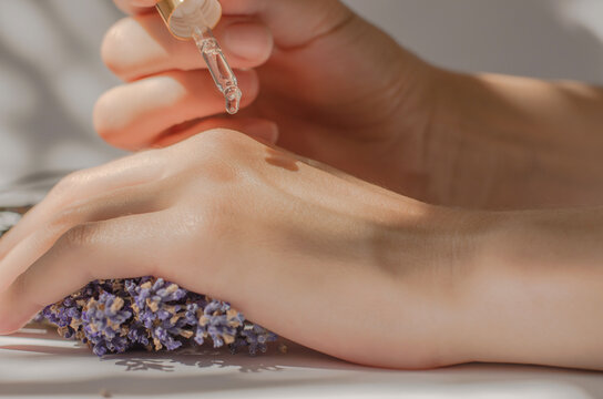 Female Hands Hold A Pipette With Lavender Oil. Lavender Oil Dripping From A Pipette On Hands, Close-up