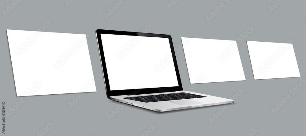 Poster laptop computer mockup with blank wireframing pages. concept for showcasing web-design projects.