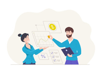 Business team celebrating success while analyzing growth chart and income increase. Managers developing and coordinating sales operations.