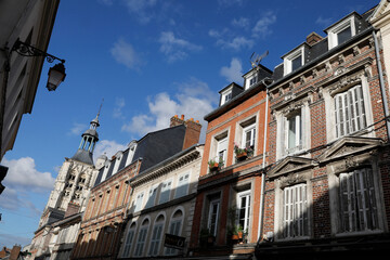 Obraz premium Houses and church spire in Bernay, France.