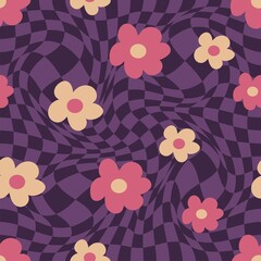 Abstract square seamless pattern with vintage groovy daisy flowers. Retro floral vector background surface design, textile, fabric, wrapping, covers. 70s hippie aesthetic, vintage floral background