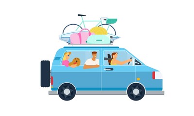 People, friends or family with a dog going on road trip in a car with luggage on the roof, summer vacations concept. Flat vector illustration isolated on white background