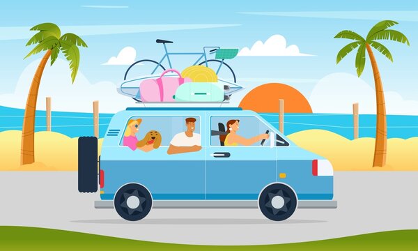 People, friends or family with a dog going on road trip in car with luggage on the roof, summer vacations concept. Flat vector illustration on tropical background