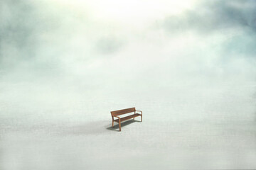 surreal empty bench, concept of loneliness and symbol of sociality and meeting