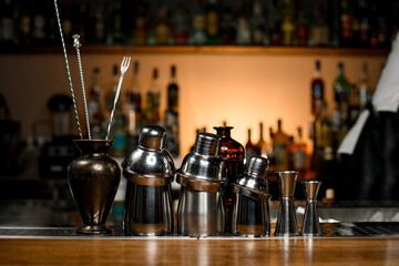 Bar accessories and tools for making cocktail on bar counter.