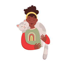 Girl holding cat on shoulder and neck vector illustration. Cartoon isolated young female pet owner smiling and hugging animal, kid and kitty cuddle, happy two friends standing and playing together