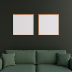 Minimalist square wooden poster or photo frame in modern living room wall interior design with sofa. 3d rendering.