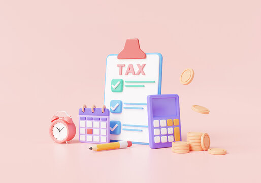 Checklist tax payment with calculator, clock alarm and calendar. Due date of tax payment. financial management, business tax, accounting, budget planning.Tax payment concept. 3d render illustration